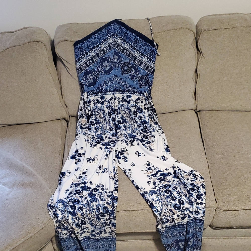VENUS Blue and White Bohemian Jumpsuit